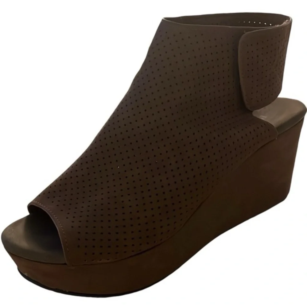 Pierre Duma Taupe/brown backless mule bootie slip on wedge heel w/Velcro Size 8